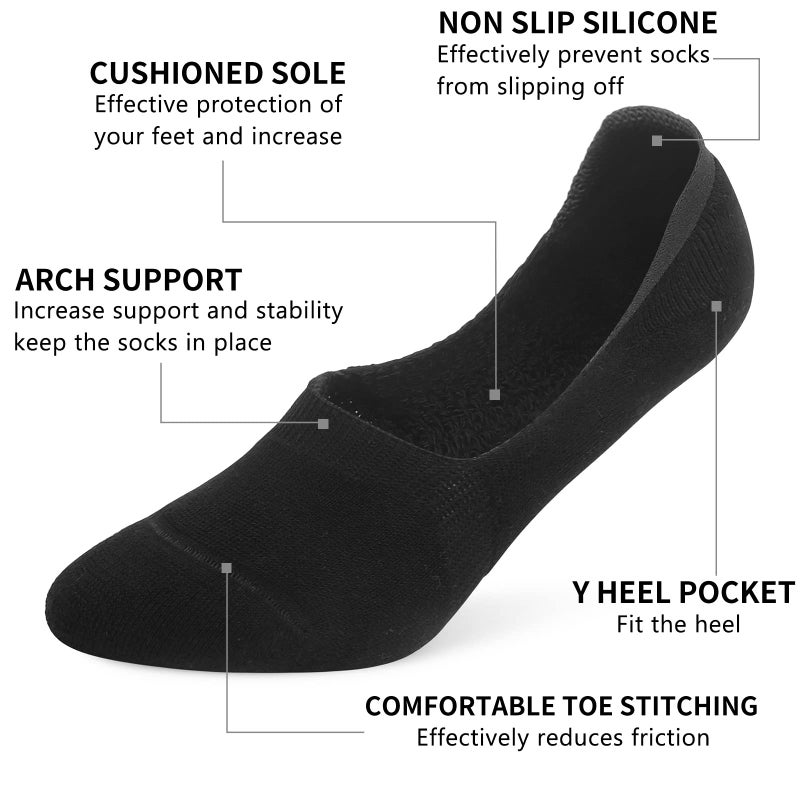 Leotruny 6 Pairs Unisex Thick Cushion Athletic Cotton Non Slip Low Cut Flat Liner No Show Socks (Medium, C02-Black) - Image 3